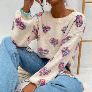 Apricot Casual Womens Drop Shoulder Heart Pattern Sweater